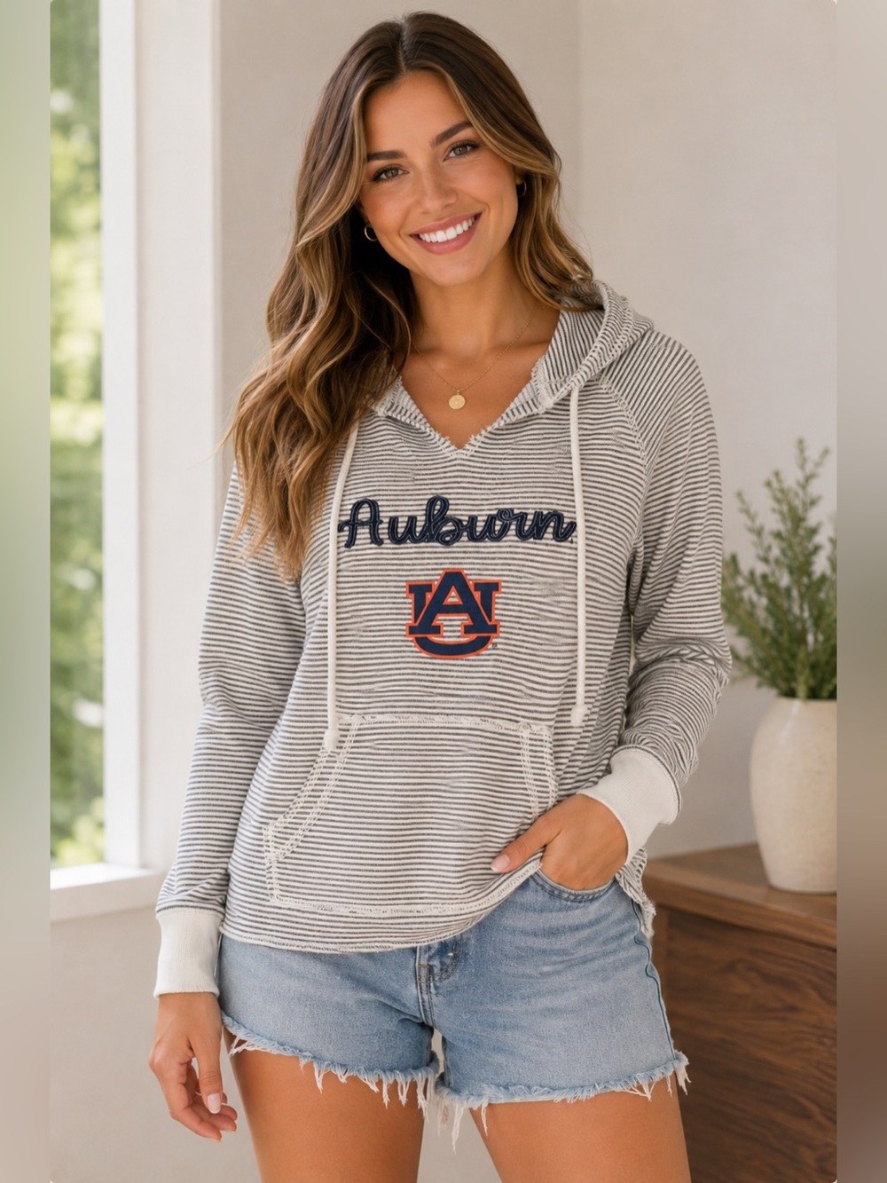 Blue 84 Cream & Black Striped Auburn Hoodie with Orange AU Logo